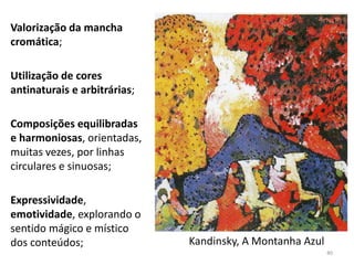 Kandinsky, A Montanha Azul
Valorização da mancha
cromática;
Utilização de cores
antinaturais e arbitrárias;
Composições equilibradas
e harmoniosas, orientadas,
muitas vezes, por linhas
circulares e sinuosas;
Expressividade,
emotividade, explorando o
sentido mágico e místico
dos conteúdos;
40
 