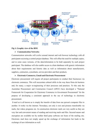 Fig 1: Graphic view of the BIM
 Communication Networks
Communication networks will evolve around internet and web browser technology with all
participants accessing a central project database. This will offset the need for multiple copies,
and in some cases versions, of the data/information to be held separately by each project
participant. The database will also enable access to client databases with generic information
about their requirements and historic data as well as information about manufacturers,
suppliers, contractors, consultants, service providers and their products.
 Electronic Commerce, Email and Electronic Procurement
Electronic procurement will require all project participants to conduct their businesses via
electronic commerce. This will necessitate cultural shifts in the way these firms do business
and, for many, a major re-engineering of their processes and practices. To this end, the
Australian Procurement and Construction Council (APCC) have developed a "National
Framework for Cooperation for Electronic Commerce in Government Procurement" for the
purpose of developing a consistent approach to the use of technology in electronic
procurement.
E-mail as is all known as is simply the transfer of data from one person's computer files to
another. It works via the internet. Nowadays, not only is text and pictures transferable via
mails, but videos programs etc. In construction electronic mails are very useful as they are
very fast and convenient means of sending and receiving mails and files. Secured means and
encryption are available too by neither third party software nor hosts of the mailing site.
Electronic mail does not simply speed up the exchange of information but leads to the
exchange of new information as well.
 