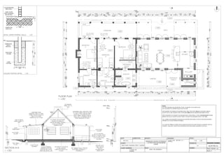 
  GG G
A
A






























(cavity to be filled with
insulation to suit)
FLOOR PLAN
1:100
SECTION A-A
1:100

(see detail)
















NOTE:
ALL NEW DOORS AND WINDOWS TO BE AS SHOWN ON FLOOR PLAN.
ALL GLAZING TO CONSIST 6mm FLOAT GLASS.
NEW DOORS TO CONSIST STANDARD STEEL DA TYPE WITH NDAT1 FANLIGHT ABOVE,
EXCEPT SCULLERY DOOR TO BE STANDARD RDF4 WITH HARDWOOD DOOR FITTED.
NEW WINDOWS TO CONSIST STANDARD STEEL INDUSTRIAL TYPES SS33/SS34/SS35 WHERE
SHOWN ON PLAN, EXCEPT GUEST TOILET TO HAVE STANDARD STEEL TYPE NE1.
*ALL DOOR AND WINDOW CHANGES IN EXISTING BUILDING TO BE OF REUSED WOODEN
FRAMES SALVAGED WHERE POSSIBLE.
ALL NEW PLUMBING TO PIPE INTO EXISTING WASTE WATER SYSTEM AS SHOWN AND TO
CONSIST 110mm PVC WASTE WATER PIPING WITH SUITABLE GRADIENT OF FALL.






DETAIL UNDER INTERNAL WALLS 1:20
COLUMN FOOTING DETAIL 1:20
DATE: PROJECT: DRAWING: SCALE:
DRAWN BY:CLIENT:
PLOT: SIGNED:
FLOOR PLAN, SECTION A-A +
DETAILS
1:20 1:100
G H
PAGE #:
ADAM YOUNG / BAKWENA LODGE + CAMPING
BLCM-PSD-01
CLIENT ADDRESS:
NOV 2012
89/90 - RO, KAZANGULA
PAGE FORMAT: A3
DRAWING NUMBER:
/
MANAGERS HOUSE EXTENSION
+ ALTERATION FOR BAKWENA
LODGE
P.O.BOX 744
KASANE
SUBMITTED:
22000
11000 11000
173417341734 5202
596987650118165011811181 650650650650 987987
30010700
12230
30009230
5845331243870126398715009871263
300
540015801100
250
300
21542154215421542154
730870650750 150015002308707208701500 345465
12230
30009230
22501500
460
73020002750
230
3000
115
5655
230
230
2770
1463 10001375 870 990
22460
22460
22000
11000 2680
2285
3230
1150 545 2400 2590 1150 880
8320
747 987 747 987 747 987 650 1181 1287 2680
300208030027935527230381023031503235 115230
300
6556
6131
4353
3223
2450
284
340
900
623
900
10302320
2603
2450
776
EXIST. MAX
FRL1
FRB1
FFL1
NGL
CONC FLOOR
SLAB THICKENED
BELOW WALL
115 NON BEARING
BRICK WALL
COMPACTED
EARTH FILL
85
150
245
115
900
800
250
100
650
420
120150 150
CONC
FOOTING
COMPACTED
EARTH
BACKFILL
120 Ø STEEL
COLUMN
NGL
45.0°
4.9° 4.9°
2080
1848
1264
3925 23011531503235 115230
1040870
 