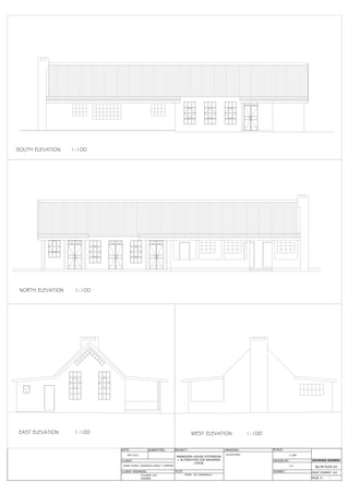 SOUTH ELEVATION 1:100
NORTH ELEVATION 1:100
EAST ELEVATION 1:100 WEST ELEVATION 1:100
DATE: PROJECT: DRAWING: SCALE:
DRAWN BY:CLIENT:
PLOT: SIGNED:
ELEVATIONS 1:100
G H
PAGE #:
ADAM YOUNG / BAKWENA LODGE + CAMPING
BLCM-ELEV-01
CLIENT ADDRESS:
NOV 2012
89/90 - RO, KAZANGULA
PAGE FORMAT: A3
DRAWING NUMBER:
/
MANAGERS HOUSE EXTENSION
+ ALTERATION FOR BAKWENA
LODGE
P.O.BOX 744
KASANE
SUBMITTED:
 
