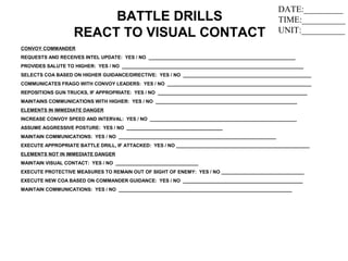 CONVOY COMMANDER
REQUESTS AND RECEIVES INTEL UPDATE: YES / NO _______________________________________________________
PROVIDES SALUTE TO HIGHER: YES / NO ____________________________________________________________________
SELECTS COA BASED ON HIGHER GUIDANCE/DIRECTIVE: YES / NO ________________________________________________
COMMUNICATES FRAGO WITH CONVOY LEADERS: YES / NO ______________________________________________________
REPOSITIONS GUN TRUCKS, IF APPROPRIATE: YES / NO ________________________________________________________
MAINTAINS COMMUNICATIONS WITH HIGHER: YES / NO _____________________________________________________
ELEMENTS IN IMMEDIATE DANGER
INCREASE CONVOY SPEED AND INTERVAL: YES / NO _______________________________________________________
ASSUME AGGRESSIVE POSTURE: YES / NO ____________________________________
MAINTAIN COMMUNICATIONS: YES / NO ___________________________________________________________
EXECUTE APPROPRIATE BATTLE DRILL, IF ATTACKED: YES / NO __________________________________________________
ELEMENTS NOT IN IMMEDIATE DANGER
MAINTAIN VISUAL CONTACT: YES / NO _______________________________
EXECUTE PROTECTIVE MEASURES TO REMAIN OUT OF SIGHT OF ENEMY: YES / NO _______________________________
EXECUTE NEW COA BASED ON COMMANDER GUIDANCE: YES / NO _____________________________________________
MAINTAIN COMMUNICATIONS: YES / NO _________________________________________________________________
BATTLE DRILLS
REACT TO VISUAL CONTACT
DATE:_________
TIME:__________
UNIT:__________
 