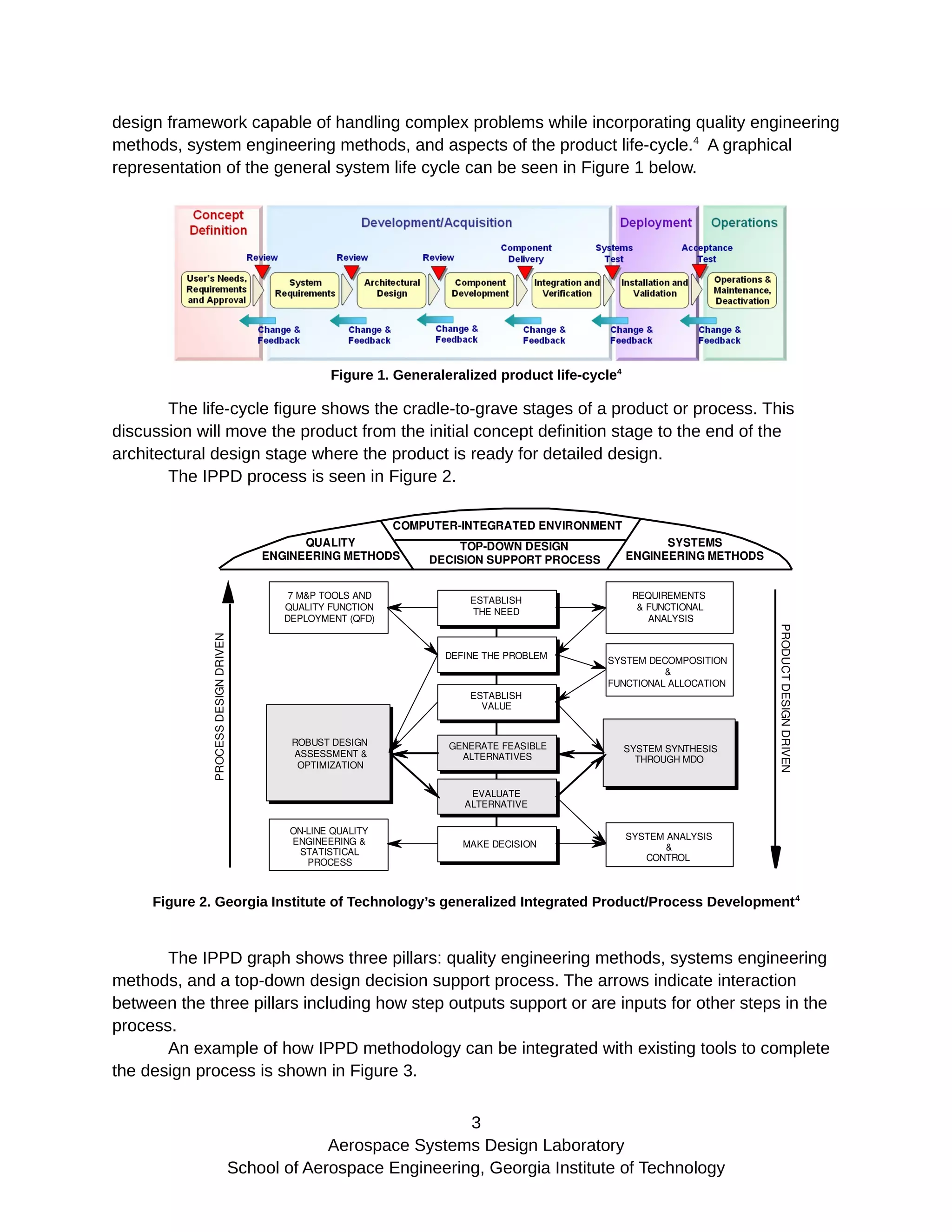 design framework capable of handling complex problems while incorporating quality engineering
methods, system engineering methods, and aspects of the product life-cycle.4
A graphical
representation of the general system life cycle can be seen in Figure 1 below.
Figure 1. Generaleralized product life-cycle4
The life-cycle figure shows the cradle-to-grave stages of a product or process. This
discussion will move the product from the initial concept definition stage to the end of the
architectural design stage where the product is ready for detailed design.
The IPPD process is seen in Figure 2.
COMPUTER­INTEGRATED ENVIRONMENT
PRODUCT DESIGN DRIVEN
PROCESS DESIGN DRIVEN
REQUIREMENTS  
& FUNCTIONAL 
ANALYSIS
SYSTEM DECOMPOSITION 
& 
FUNCTIONAL ALLOCATION
SYSTEM SYNTHESIS 
THROUGH MDO
SYSTEM ANALYSIS 
& 
CONTROL
ESTABLISH 
THE NEED
DEFINE THE PROBLEM
ESTABLISH 
VALUE 
GENERATE FEASIBLE 
ALTERNATIVES
EVALUATE 
ALTERNATIVE
7 M&P TOOLS AND 
QUALITY FUNCTION 
DEPLOYMENT (QFD)
ROBUST DESIGN 
ASSESSMENT & 
OPTIMIZATION
ON­LINE QUALITY 
ENGINEERING & 
STATISTICAL 
PROCESS 
MAKE DECISION
SYSTEMS 
ENGINEERING METHODS
QUALITY 
ENGINEERING METHODS
TOP­DOWN DESIGN 
DECISION SUPPORT PROCESS
Figure 2. Georgia Institute of Technology’s generalized Integrated Product/Process Development4
The IPPD graph shows three pillars: quality engineering methods, systems engineering
methods, and a top-down design decision support process. The arrows indicate interaction
between the three pillars including how step outputs support or are inputs for other steps in the
process.
An example of how IPPD methodology can be integrated with existing tools to complete
the design process is shown in Figure 3.
3
Aerospace Systems Design Laboratory
School of Aerospace Engineering, Georgia Institute of Technology
 