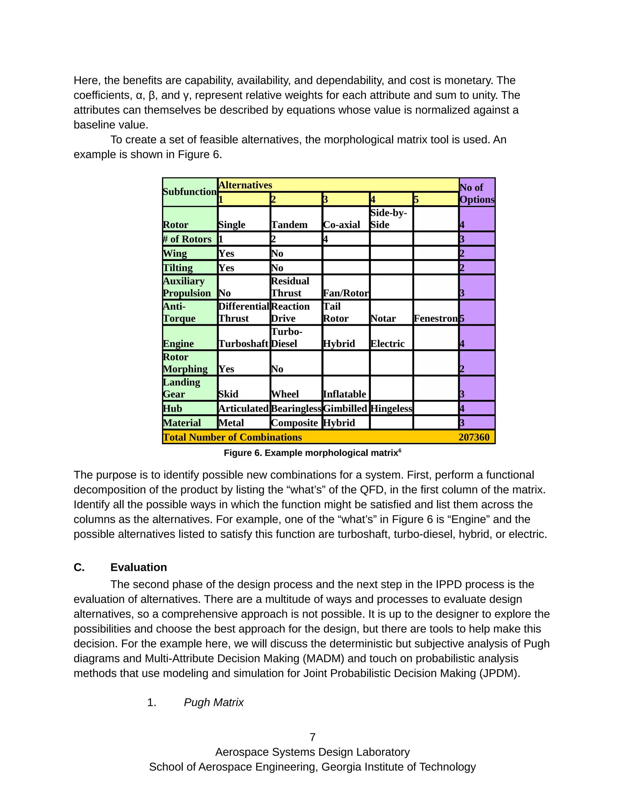 Here, the benefits are capability, availability, and dependability, and cost is monetary. The
coefficients, α, β, and γ, represent relative weights for each attribute and sum to unity. The
attributes can themselves be described by equations whose value is normalized against a
baseline value.
To create a set of feasible alternatives, the morphological matrix tool is used. An
example is shown in Figure 6.
Figure 6. Example morphological matrix6
The purpose is to identify possible new combinations for a system. First, perform a functional
decomposition of the product by listing the “what’s” of the QFD, in the first column of the matrix.
Identify all the possible ways in which the function might be satisfied and list them across the
columns as the alternatives. For example, one of the “what’s” in Figure 6 is “Engine” and the
possible alternatives listed to satisfy this function are turboshaft, turbo-diesel, hybrid, or electric.
C. Evaluation
The second phase of the design process and the next step in the IPPD process is the
evaluation of alternatives. There are a multitude of ways and processes to evaluate design
alternatives, so a comprehensive approach is not possible. It is up to the designer to explore the
possibilities and choose the best approach for the design, but there are tools to help make this
decision. For the example here, we will discuss the deterministic but subjective analysis of Pugh
diagrams and Multi-Attribute Decision Making (MADM) and touch on probabilistic analysis
methods that use modeling and simulation for Joint Probabilistic Decision Making (JPDM).
1. Pugh Matrix
7
Aerospace Systems Design Laboratory
School of Aerospace Engineering, Georgia Institute of Technology
 