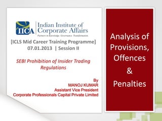 Analysis of
Provisions,
Offences
&
Penalties
[ICLS Mid Career Training Programme]
07.01.2013 | Session II
SEBI Prohibition of Insider Trading
Regulations
By
MANOJ KUMAR
Assistant Vice President
Corporate Professionals Capital Private Limited
 