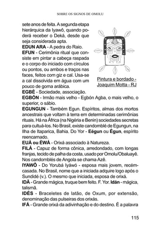 SOBRE OS SIGNOS DE OMOLU
115
seteanosdefeita.Asegundaetapa
hierárquica da Iyawô, quando po-
derá receber o Deká, desde que
seja considerada apta.
EDUN ARA - A pedra do Raio.
EFUN - Cerimônia ritual que con-
siste em pintar a cabeça raspada
e o corpo do iniciado com círculos
ou pontos, ou ambos e traços nas
faces, feitos com giz e cal. Usa-se
a cal dissolvida em água com um
pouco de goma arábica.
EGBÉ - Sociedade, associação.
EGBÓN - Irmão mais velho - Egbón Agba, o mais velho, o
superior, o sábio.
EGUNGUN - Também Egun. Espíritos, almas dos mortos
ancestrais que voltam à terra em determinadas cerimônias
rituais.HánaÁfrica(naNigériaeBenin)sociedadessecretas
para cultuá-los. No Brasil, existe candomblé de Egungun, na
Ilha de Itaparica, Bahia. Do Yor - Eégun ou Égun, espírito
reencarnado.
EUÁ ou ÈWÁ - Orixá associado à Natureza.
FILÁ - Capuz de forma cônica, arredondado, com longas
franjas,tecidodepalhadacosta,usadoporOmolu/Obaluayê.
Nos candomblés de Angola se chama Azê.
IYAWÔ - Do Yorubá Iyáwó - esposa mais jovem, recém-
casada. No Brasil, nome que a iniciada adquire logo após o
Sundidé (v.). O mesmo que iniciada, esposa de orixá.
IDÃ - Grande mágica, truque bem feito. F. Yor.Idán -mágica,
talismã.
IDÉS - Braceletes de latão, de Oxum, por extensão,
denominação das pulseiras dos orixás.
IFÁ - Grande orixá da adivinhação e do destino. É a palavra
Pintura e bordado -
Joaquim Motta - RJ
 