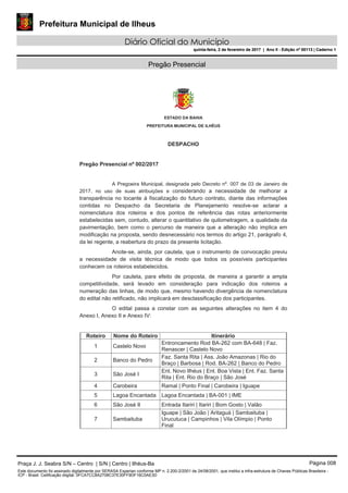 Prefeitura Municipal de Ilheus
Diário Oficial do Município
quinta-feira, 2 de fevereiro de 2017 | Ano II - Edição nº 00113 | Caderno 1
Pregão Presencial
ESTADO DA BAHIA
PREFEITURA MUNICIPAL DE ILHÉUS
DESPACHO
Pregão Presencial nº 002/2017
A Pregoeira Municipal, designada pelo Decreto nº. 007 de 03 de Janeiro de
2017, no uso de suas atribuições e considerando a necessidade de melhorar a
transparência no tocante à fiscalização do futuro contrato, diante das informações
contidas no Despacho da Secretaria de Planejamento resolve-se aclarar a
nomenclatura dos roteiros e dos pontos de referência das rotas anteriormente
estabelecidas sem, contudo, alterar o quantitativo de quilometragem, a qualidade da
pavimentação, bem como o percurso de maneira que a alteração não implica em
modificação na proposta, sendo desnecessário nos termos do artigo 21, parágrafo 4,
da lei regente, a reabertura do prazo da presente licitação.
Anote-se, ainda, por cautela, que o instrumento de convocação previu
a necessidade de visita técnica de modo que todos os possíveis participantes
conhecem os roteiros estabelecidos.
Por cautela, para efeito de proposta, de maneira a garantir a ampla
competitividade, será levado em consideração para indicação dos roteiros a
numeração das linhas, de modo que, mesmo havendo divergência de nomenclatura
do edital não retificado, não implicará em desclassificação dos participantes.
O edital passa a constar com as seguintes alterações no item 4 do
Anexo I, Anexo II e Anexo IV:
Roteiro Nome do Roteiro Itinerário
1 Castelo Novo
Entroncamento Rod BA-262 com BA-648 | Faz.
Renascer | Castelo Novo
2 Banco do Pedro
Faz. Santa Rita | Ass. João Amazonas | Rio do
Braço | Barbosa | Rod. BA-262 | Banco do Pedro
3 São José I
Ent. Novo Ilhéus | Ent. Boa Vista | Ent. Faz. Santa
Rita | Ent. Rio do Braço | São José
4 Carobeira Ramal | Ponto Final | Carobeira | Iguape
5 Lagoa Encantada Lagoa Encantada | BA-001 | IME
6 São José II Entrada Itariri | Itariri | Bom Gosto | Valão
7 Sambaituba
Iguape | São João | Aritaguá | Sambaituba |
Urucutuca | Campinhos | Vila Olímpio | Ponto
Final
Praça J. J. Seabra S/N – Centro | S/N | Centro | Ilhéus-Ba Página 008
Este documento foi assinado digitalmente por SERASA Experian conforme MP n. 2.200-2/2001 de 24/08/2001, que institui a infra-estrutura de Chaves Públicas Brasileira -
ICP - Brasil. Cetificação diigital: 0FCA7CC8A2708C37E30FF9DF16C0AE3D
Prefeitura Municipal de Ilheus
Diário Oficial do Município
quinta-feira, 2 de fevereiro de 2017 | Ano II - Edição nº 00113 | Caderno 1
 