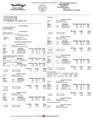 Name:Evan Edward Dismukes
Student:200090806
DOB:02/19/****
Print Date:05/18/2016
Page 1 of 2
STUOF-ISSUED TO STUDENT
EVAN DISMUKES
22 CLOVELLY RD
PITTSBURGH PA 15202-1310
Institutions Attended
Community College Allegheny
University of Pittsburgh
Avonworth High School
External Degrees
Avonworth High School
High School Diploma Jun 4, 2010
OSU Degrees Awarded
Degree: Bachelor of Science
Confer Date: May 8, 2016
Plan: Geological Sciences Major
Beginning of Undergraduate Record
Autumn 2010 Quarter
Program: Engineering
Plan: Environmental Engineering Pre Major
Course Description Attempted Earned Grade Points
CHEM 121 General Chemistry 5.00 0.00 #D+ 0.000
ECON 200 Prin Microeconomic 5.00 5.00 C 10.000
ENGINEER 100.17 Environ Eng Survey 1.00 1.00 B 3.000
MATH 150 Elementry Functns 5.00 5.00 C- 8.500
Transfer Credit from University of Pittsburgh
Applied Toward Engineering
Course Description Attempted Earned Grade Points
STAT 145 Intro Prac Of Stat 0.00 6.00 K 0.000
Course Trans GPA: 0.000 Transfer Totals: 0.00 6.00 0.000
Test Credits Applied Toward Engineering
Course Description Attempted Earned Grade Points
CSE 201 Elem Comptr Progrm 0.00 4.00 EM 0.000
Test Trans GPA: 0.000 Transfer Totals: 0.00 4.00 0.000
GPA Hours Earned Points
Term GPA 1.954 Term Totals 11.00 21.00 21.500
Cum GPA 1.954 Cum Totals 11.00 21.00 21.500
Winter 2011 Quarter
Program: Exploration Program
Plan: Re-Exploration Undecided
Course Description Attempted Earned Grade Points
ART 300.02 Digital Photogrphy 5.00 5.00 A- 18.500
ASTRON 161 Solar Sys Astron 5.00 5.00 A- 18.500
EDUPAES 270.03 Study Skills 3.00 3.00 S 0.000
GPA Hours Earned Points
Term GPA 3.700 Term Totals 10.00 13.00 37.000
Cum GPA 2.785 Cum Totals 21.00 34.00 58.500
Dean's List
Spring 2011 Quarter
Program: Exploration Program
Plan: Re-Exploration Undecided
Course Description Attempted Earned Grade Points
EDUPL 259 Ind Lrn&Motvtn:Col 5.00 5.00 A 20.000
ENGLISH 110.01 First-Yr Engl Comp 5.00 5.00 A- 18.500
HISTORY 122 Afr Civzn,1870-Prs 5.00 5.00 A- 18.500
GPA Hours Earned Points
Term GPA 3.800 Term Totals 15.00 15.00 57.000
Cum GPA 3.208 Cum Totals 36.00 49.00 115.500
Dean's List
Autumn 2011 Quarter
Program: Exploration Program
Plan: Re-Exploration Undecided
Course Description Attempted Earned Grade Points
CHEM 121 General Chemistry 5.00 5.00 D 5.000
EARTHSCI 121 Dynamic Earth 5.00 5.00 A- 18.500
MATH 151.01 Calc&Analyt Geom 1 5.00 5.00 D 5.000
GPA Hours Earned Points
Term GPA 1.900 Term Totals 15.00 15.00 28.500
Cum GPA 2.823 Cum Totals 51.00 64.00 144.000
Winter 2012 Quarter
Program: Exploration Program
Plan: Re-Exploration Undecided
Course Description Attempted Earned Grade Points
COMPSTD 367.02 2nd Writ-Sc&Tec Am 5.00 5.00 B+ 16.500
EARTHSCI 151 Natural Hazards 5.00 5.00 A 20.000
GEOG 200 Wrld Regional Geog 5.00 5.00 B+ 16.500
GPA Hours Earned Points
Term GPA 3.533 Term Totals 15.00 15.00 53.000
Cum GPA 2.984 Cum Totals 66.00 79.00 197.000
Dean's List
Spring 2012 Quarter
Program: Exploration Program
Plan: Re-Exploration Undecided
Course Description Attempted Earned Grade Points
CHEM 121 General Chemistry 5.00 5.00 C+ 11.500
HISTORY 111 W Civ:Antiqty-17 C 5.00 5.00 C+ 11.500
MATH 152.01 Calc&Analyt Geom 2 5.00 5.00 D 5.000
GPA Hours Earned Points
Term GPA 1.866 Term Totals 15.00 15.00 28.000
Cum GPA 2.777 Cum Totals 81.00 94.00 225.000
- - - - - - - - - - - - - - - - - - - - - - - - - - - - - - - - - -
Semester Transition
The comparison below shows the conversion of your academic record.
Cumulative GPA Totals GPA Hours Earned Points
QTR GPA : 2.777 QTR Totals : 81.00 94.00 225.000
SEM GPA : 2.777 SEM Totals : 54.27 62.98 150.750
- - - - - - - - - - - - - - - - - - - - - - - - - - - - - - - - - -
Autumn 2012 Semester
Program: Arts and Sciences
Plan: Geological Sciences Major
Course Description Attempted Earned Grade Points
CHEM 1215 General Chemistry 2.00 0.00 E 0.000
EARTHSC 1122 Earth Through Time 4.00 4.00 B+ 13.200
MATH 1151 Calculus 1 5.00 0.00 E 0.000
PHYSICS 1250 Mech,Thermo,Waves 5.00 0.00 E 0.000
GPA Hours Earned Points
Term GPA 0.825 Term Totals 16.00 4.00 13.200
Cum GPA 2.333 Cum Totals 70.27 66.98 163.950
Spring 2013 Semester
Program: Arts and Sciences
Plan: Geological Sciences Major
Withdrawal Date: Jan 8, 2013
Autumn 2013 Semester
Program: Arts and Sciences
Plan: Geological Sciences Major
 