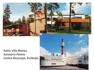 Módulo 7, História A 167
Aalto, Villa Mairea
Sanatório Paimio
Centro Municipal, Finlândia
 