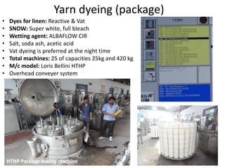 Yarn dyeing (package)
• Dyes for linen: Reactive & Vat
• SNOW: Super white, full bleach
• Wetting agent: ALBAFLOW CIR
• Salt, soda ash, acetic acid
• Vat dyeing is preferred at the night time
• Total machines: 25 of capacities 25kg and 420 kg
• M/c model: Loris Bellini HTHP
• Overhead conveyer system
HTHP Package dyeing machine
 