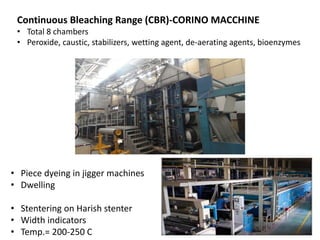 Continuous Bleaching Range (CBR)-CORINO MACCHINE
• Total 8 chambers
• Peroxide, caustic, stabilizers, wetting agent, de-aerating agents, bioenzymes
• Piece dyeing in jigger machines
• Dwelling
• Stentering on Harish stenter
• Width indicators
• Temp.= 200-250 C
 