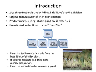 Introduction
• Jaya shree textiles is under Aditya Birla Nuvo’s textile division
• Largest manufacturer of linen fabric in India
• Product range- suiting, shirting and dress materials
• Linen is sold under Brand name “Linen Club”
• Linen is a textile material made from the
bast fibres of the flax plant.
• It absorbs moisture and dries more
quickly than cotton.
• Linen is most suitable for summer apparel
 