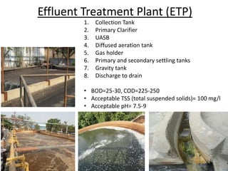 Effluent Treatment Plant (ETP)
1. Collection Tank
2. Primary Clarifier
3. UASB
4. Diffused aeration tank
5. Gas holder
6. Primary and secondary settling tanks
7. Gravity tank
8. Discharge to drain
• BOD=25-30, COD=225-250
• Acceptable TSS (total suspended solids)= 100 mg/l
• Acceptable pH= 7.5-9
 