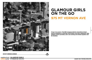 GLAMOUR GIRLS
MT VERNON AVE | NCR-29-15 AUGUST 2015
1
1902 N. High St.• Columbus, OH 43201
www.theneighborhooddesigncenter.org
Project Description: The NDC proposes interior renovations includ-
ing the installation of shelving, wall dividers and salon equipment. New
graphics will be provided, and a new awning and window graphics will
be installed.
975 MT VERNON AVENUE
GLAMOUR GIRLS
ON THE GO
975 MT VERNON AVE
MT VERNON AVE
 