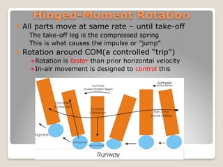Hinged-Moment Rotation
! All parts move at same rate – until take-off
◦ The take-off leg is the compressed spring
◦ This is what causes the impulse or ”jump”
! Rotation around COM(a controlled “trip”)
!Rotation is faster than prior horizontal velocity
!In-air movement is designed to control this
16
 