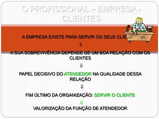 O PROFISSIONAL – EMPRESA -
CLIENTES
A EMPRESA EXISTE PARA SERVIR OS SEUS CLIENTES

A SUA SOBREVIVÊNCIA DEPENDE DE UM BOA RELAÇÃO COM OS
CLIENTES

PAPEL DECISIVO DO ATENDEDOR NA QUALIDADE DESSA
RELAÇÃO

FIM ÚLTIMO DA ORGANIZAÇÃO: SERVIR O CLIENTE

VALORIZAÇÃO DA FUNÇÃO DE ATENDEDOR
 