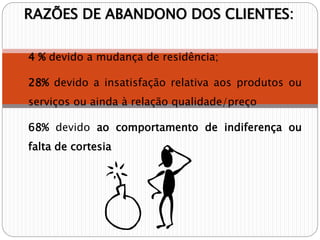 RAZÕES DE ABANDONO DOS CLIENTES:
4 % devido a mudança de residência;
28% devido a insatisfação relativa aos produtos ou
serviços ou ainda à relação qualidade/preço
68% devido ao comportamento de indiferença ou
falta de cortesia
 