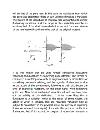 will be that of the pure race. In this case the individuals from which
the pure race originated (those at N in A) have exhibited a mutation.
The stature of the individuals of this new race will continue to exhibit
fluctuating variations, and the range of this variability may be as
much as that of the stock from which it arose, but the mean stature
of the new race will continue to be that of the original mutants.
Fig. 22.
It is well known that de Vries himself considered fluctuating
variations and mutations as something quite different. The former he
considered as nothing new, only as augmentations or diminutions of
something previously existing; and he regarded fluctuations as due
to the action of the environment, following in their distribution the
laws of chance.30 Mutations, on the other hand, were something
quite new. Now future analysis of variability will not, we think, bear
out the validity of this distinction. It is far more likely that a
fluctuation is a variation which is the result of some causes the
action of which is variable. (We are regarding variability now as
subject to “causation” in the physical sense, for only by so regarding
it can we attempt its analysis). As a rule this process results in a
fluctuation, but if its extent, or degree of operation, exceeds a
 