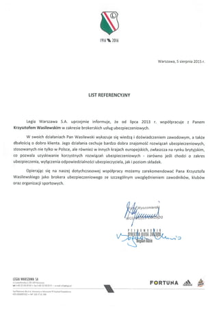 Legia Warsaw reference letter