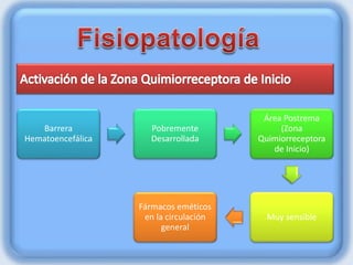 Barrera
Hematoencefálica
Pobremente
Desarrollada
Área Postrema
(Zona
Quimiorreceptora
de Inicio)
Muy sensible
Fármacos eméticos
en la circulación
general
 