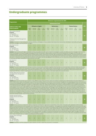 University of Pretoria 4
Programmes
Minimum requirements for 2018
Achievement level
APS
AGRICULTURAL AND
FOOD SCIENCES
Afrikaans or English Mathematics Physical Science
NSC/
IEB
HIGCSE
AS
Level
A
Level
NSC/
IEB
HIGCSE
AS
Level
A
Level
NSC/
IEB
HIGCSE
AS
Level
A
Level
BSc (Culinary Science)*
[4 years]
Closing dates:
SA – 30 September
Non-SA – 31 August
*Replaces BSc (Food Management)
from 2017
5 3 C C 5 3 C C 5 3 C C 30
Careers: Graduates can be employed as culinary scientists, culinologists, sensory analysts, food researchers, food product developers, food safety and quality
assurance managers, and food service managers.
BSc (Food Science)
[3 years]
Closing dates:
SA – 30 September
Non-SA – 31 August
5 3 C C 5 3 C C 5 3 C C 30
Careers: Food scientists with highly marketable training and professional skills work as food risk investigators, quality and safety assurance managers, food chemists,
food microbiologists and biotechnologists, packaging and shelf life specialists, safety auditors, product and process development managers, technical sales and
marketing advisors, sensory scientists, food bio scientists (brew masters, flavourists) in the food, agro processing and related industries. The work environment of food
scientists includes laboratories, food production sites and business premises, training areas, retail, government institutions and research organisations. Food scientists
also work in industries and companies that manufacture and supply materials (packaging and food additives, such as colourants and flavourants) for the food industry
or that have secondary involvement in food production and sales.
BSc (Nutrition)
[4 years]
Closing dates:
SA – 30 September
Non-SA – 31 August
5 3 C C 5 3 C C 5 3 C C 30
Careers: The need for graduates with training in nutrition is driven by the worldwide recognition that food does not only meet basic nutritional needs, but also plays
a key role in the promotion and maintenance of long-term good health. Career opportunities include working in food or related industries (such as pharmaceutical
companies), government departments, international organisations (such as the United Nations Food and Agricultural Organisation (FAO) and the World Health
Organisation (WHO)) or research organisations, and as account managers and advisors in the food, health and consumer sectors.
BScAgric (Agricultural Economics
and Agribusiness Management)
[4 years]
Closing dates:
SA – 30 September
Non-SA – 31 August
5 3 C C 5 3 C C 5 3 C C 30
Careers: Agricultural economists are involved in many different areas of the economy. Some are involved in analysing and understanding consumers’ behaviour in
terms of their wants, needs and willingness to pay for food and clothing. Others are involved in environmental management and assisting government and businesses
to ensure the sustainable use of scarce resources such as water and arable land. Some agricultural economists are traders on global financial markets and work at the
Johannesburg Stock Exchange (JSE) in Sandton or at Wall Street in New York. Others work for banks and in finance, at food processors such as bakers and brewers,
or as advisors to farmers and input suppliers. Some agricultural economists work for the government, advising them on how to ensure that there is enough food for
all the people in the country, while others work in commercial banks, advising clients and managers how to manage finance, risk and commodity markets. Agricultural
economists also play a vital part in research and development in the agricultural sector. They travel a lot, both locally and to other parts of the world, such as Africa,
Australia, China, Europe, South America and the USA, and meet many interesting people. They travel to buy the best inputs to produce food and clothing, but also to
identify and understand markets for products. Therefore, an agricultural economist is somebody who is interested in people and their cultures, in nature, but also in
business and management. An agricultural economist must be able to interact with people, but must also be able to use statistics and mathematics to understand the
interaction between people, nature and the economy.
BScAgric (Animal Science)
BScAgric (Animal and Pasture
Science)
[4 years]
Closing dates:
SA – 30 September
Non-SA – 31 August
5 3 C C 5 3 C C 5 3 C C 30
Careers: Animal science is a career that makes an important contribution to agriculture in South Africa. This career is focused on the application of the scientific
aspects of animal production and the quality control of products to ensure consumer satisfaction. Two degrees are presented: BScAgric (Animal Science) and BScAgric
(Animal and Pasture Science). It is a field of science, subject to the most recent research and needs of both animals and humans, that focuses on the whole animal and
wildlife production value chain, from conception to consumption. There are numerous career opportunities for animal and wildlife scientists in research, commercial
farming and the public sector, and for professionals in the animal science industry. Animal scientists can work on different levels in these sectors, from researchers
to animal nutrition or breeding consultants, technical representatives, managers of intensive and extensive animal production systems, game managers and policy
makers. The BScAgric (Animal Science) degree is acknowledged as a professional qualification by SACNSP in terms of Act 106 of 1993, and is recognised internationally,
which means that graduates can register as professional animal scientists.
BScAgric (Plant Pathology)
[4 years]
Closing dates:
SA – 30 September
Non-SA – 31 August
5 3 C C 5 3 C C 5 3 C C 30
Careers: Graduates could be employed as seed cultivators, farmers, researchers, lecturers or consultants.
Undergraduate programmes
 