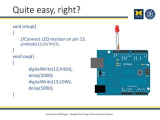 Quite easy, right?
void setup()
{
//Connect LED resistor on pin 13.
pinMode(13,OUTPUT);
}
void loop()
{
digitalWrite(13,HIGH);
delay(5000);
digitalWrite(13,LOW);
delay(5000);
}
 