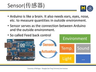 Sensor(传感器)
• Arduino is like a brain. It also needs ears, eyes, nose,
etc. to measure quantities in outside environment.
• Sensor serves as the connection between Arduino
and the outside environment.
• So called Feed back control
Temp. Sound
Light …
Environment
 