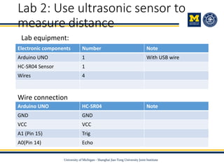 Lab 2: Use ultrasonic sensor to
measure distance
Electronic components Number Note
Arduino UNO 1 With USB wire
HC-SR04 Sensor 1
Wires 4
Arduino UNO HC-SR04 Note
GND GND
VCC VCC
A1 (Pin 15) Trig
A0(Pin 14) Echo
Lab equipment:
Wire connection
 