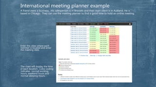 Enter the cities where each
member is located and enter
the meeting date.
International meeting planner example
A friend owns a business. His salesperson is in Brussels and their main client is in Aukland. He is
based in Chicago. They can use the meeting planner to find a good time to hold an online meeting.
The chart will dsiplay the time
in each location. Color coding
indicates normal working
hours, weekend hours and
normal sleeping hours.
 