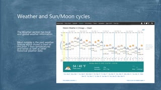 The Weather section has local
and global weather information.
Most notable is the past weather
feature which shows a chart of
the prior 7 days temperatures
and winds as well as other
historical weather data.
Weather and Sun/Moon cycles
 