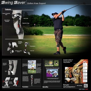 Active Elastic
Strapping
Golfers Knee Support
Polycentric Hinge
Wrap around
lower leg and
stick to velcro
pads to secure
Damage to
the muscles
Growths on the
bone from wear
on the cartilage
Tendons and liga-
ments are put under
severe stress
As the cartilage de-
grades, swelling and
inflamtion cause
painful swelling
As a person gets
older its a natural
process for the joints
to degrade making
them more at risk
Paul Lydon
Lydon.paul@gmail.com
Visit my blog
The golfer still has majority of mobility and is able to complete
all tasks without restrictions, such as bending and walking.
Breathable padded
sections
This support can be used by any age range, from young
to old and by professionals and amateurs alike.
The support can be used by someone in prehab, rehab, or even by someone
who is starting to lose confidence in their joints ability as they get older.
It will enable golfers to continue playing a sport they love for many more
years to come.
Velcro Pads
D-Ring Adjusters
Application Function Benefits
Pull Tab To
Tighten
Features
Carbon Composite
Shell
Tibia and foot stay
planted in the one
position and cannot
rotate with the body.
The femur and upper
body rotate with
the follow through
phase of the golf
shot.
The knee is put under
immense pressure as all
of the golfers weight is
placed onto the leading
knee.
The chronic repitition
and excessive rota-
tion can cause major
damage to the compo-
nents of the knee over
time. Areas such as
the meniscus, articular
cartilage, and the
ligaments of the knee.
The elastic strapping aims
to actively stop the upper
leg from rotating. As the
body rotates in the follow
through the active material
will control the femur and
prevent damage and stress
to the knee’s components.
The strapping also provides
enchanced proprioceptive
feedback to the user as it is
always in contact with the
skin at some point so the
user is more aware of the
exact position of the knee
at all times.
Removable
and Machine
washable
Velcro tabs
Straps move with
swivel d-rings to
accommodate any
leg deviation.
Apply desired
tension
Damage to the
articular cartilage
 