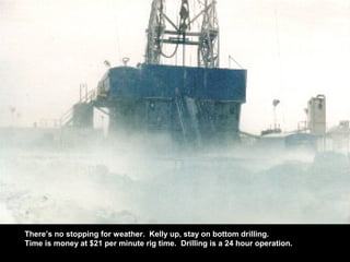 There’s no stopping for weather. Kelly up, stay on bottom drilling.
Time is money at $21 per minute rig time. Drilling is a 24 hour operation.
 