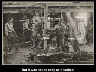 But it was not as easy as it looked.
Rotary Table
Tongs
Draw works
Cathead
Rotary Chain
Slips
 
