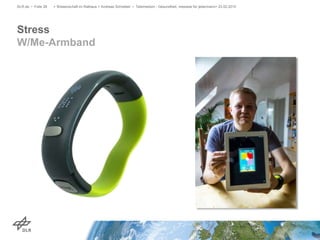 Stress
W/Me-Armband
DLR.de • Folie 28 > Wissenschaft im Rathaus > Andreas Schreiber • Telemedizin - Gesundheit, messbar für jedermann> 23.02.2015
 