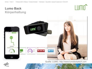 Lumo Back
Körperhaltung
DLR.de • Folie 41 > Wissenschaft im Rathaus > Andreas Schreiber • Telemedizin - Gesundheit, messbar für jedermann> 23.02.2015
Quelle: LUMO, http://www.lumobodytech.com
 