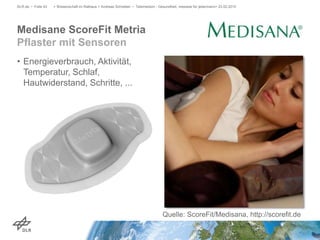 Medisane ScoreFit Metria
Pflaster mit Sensoren
DLR.de • Folie 43 > Wissenschaft im Rathaus > Andreas Schreiber • Telemedizin - Gesundheit, messbar für jedermann> 23.02.2015
• Energieverbrauch, Aktivität,
Temperatur, Schlaf,
Hautwiderstand, Schritte, ...
Quelle: ScoreFit/Medisana, http://scorefit.de
 