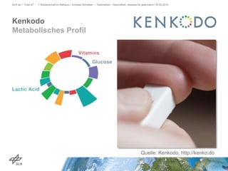 Kenkodo
Metabolisches Profil
DLR.de • Folie 47 > Wissenschaft im Rathaus > Andreas Schreiber • Telemedizin - Gesundheit, messbar für jedermann> 23.02.2015
Quelle: Kenkodo, http://kenko.do
 