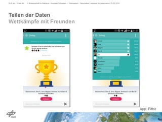 Teilen der Daten
Wettkämpfe mit Freunden
DLR.de • Folie 54 > Wissenschaft im Rathaus > Andreas Schreiber • Telemedizin - Gesundheit, messbar für jedermann> 23.02.2015
App: Fitbit
 