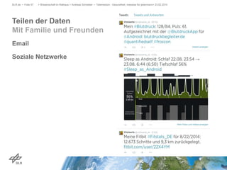 Teilen der Daten
Mit Familie und Freunden
DLR.de • Folie 57 > Wissenschaft im Rathaus > Andreas Schreiber • Telemedizin - Gesundheit, messbar für jedermann> 23.02.2015
Email
Soziale Netzwerke
 