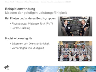 Bei Piloten und anderen Berufsgruppen
• Psychomotor Vigilance Task (PVT)
• Schlaf-Tracking
Machine Learning für
• Erkennen von Dienstunfähigkeit
• Vorhersagen von Müdigkeit
> Wissenschaft im Rathaus > Andreas Schreiber • Telemedizin - Gesundheit, messbar für jedermann> 23.02.2015DLR.de • Folie 73
Beispielanwendung
Messen der geistigen Leistungsfähigkeit
 