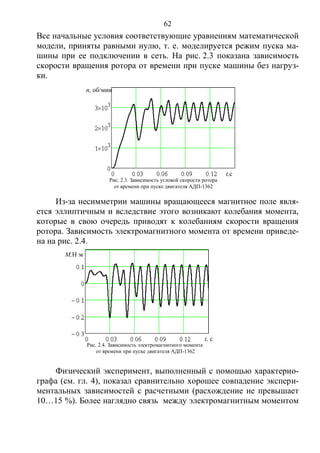 62
Все начальные условия соответствующие уравнениям математической
модели, приняты равными нулю, т. е. моделируется режим пуска ма-
шины при ее подключении в сеть. На рис. 2.3 показана зависимость
скорости вращения ротора от времени при пуске машины без нагруз-
ки.
Из-за несимметрии машины вращающееся магнитное поле явля-
ется эллиптичным и вследствие этого возникают колебания момента,
которые в свою очередь приводят к колебаниям скорости вращения
ротора. Зависимость электромагнитного момента от времени приведе-
на на рис. 2.4.
Физический эксперимент, выполненный с помощью характерио-
графа (см. гл. 4), показал сравнительно хорошее совпадение экспери-
ментальных зависимостей с расчетными (расхождение не превышает
10…15 %). Более наглядно связь между электромагнитным моментом
n, об/мин
Рис. 2.3. Зависимость угловой скорости ротора
от времени при пуске двигателя АДП-1362
t,с
Рис. 2.4. Зависимость электромагнитного момента
от времени при пуске двигателя АДП-1362
t, с
M,Н·м
Copyright ОАО «ЦКБ «БИБКОМ» & ООО «Aгентство Kнига-Cервис»
 