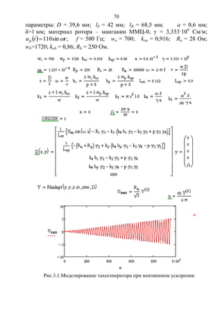 70
параметры: D = 39,6 мм; lS = 42 мм; lR = 68,5 мм; a = 0,6 мм;
δ=1 мм; материал ротора – манганин ММЦ-0, γ = 3,333·106
См/м;
  ttua sin110 ; f = 500 Гц; wa = 700; koa = 0,916; Ra = 28 Ом;
wb=1720; kob = 0,86; Rb = 250 Ом.
Рис.3.1.Моделирование тахогенератора при неизменном ускорении
Copyright ОАО «ЦКБ «БИБКОМ» & ООО «Aгентство Kнига-Cервис»
 