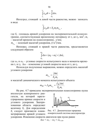 90
 
2
1 1
t
t
ddt


  .
Интеграл, стоящий в левой части равенства, можно записать
в виде
 
2
1
t
t
tmmSdt  ,
где Sε –площадь кривой ускорения на экспериментальной осцилло-
грамме, соответствующая временному интервалу от t1 до t2, мм2
; mt
– масштаб времени на осциллограмме, с/мм;
m – искомый масштаб ускорения, (1/с2
)/мм.
Интеграл, стоящий в правой части равенства, представляется
следующим образом:



 12
2
1
d ,
где ω1 и ω2 – угловые скорости испытуемого вала в моменты време-
ни t1 и t2; ∆ω – изменение угловой скорости вала от t1 до t2.
Используя полученные выражения, можно определить масштаб
углового ускорения
tmS
m





и масштаб динамического момента испытуемого объекта
t
B
BM
mS
J
mJm




 .
На рис. 4.7 приведена экспериментальная осциллограмма пуска
вхолостую асинхронного дви-
гателя, на которой зареги-
стрированы кривые скорости и
углового ускорения. Заштри-
хованная область определяет
величину Sε. Для определения
Sε следует произвести плани-
метрирование кривой углового
ускорения. Изменение скорости двигателя при пуске равно
∆ω = ω1 – ω2 ≈ ωо дв,
t0
εω ω
Рис. 4.7. Динамическая тарировка
измерительной системы акселерометра
Copyright ОАО «ЦКБ «БИБКОМ» & ООО «Aгентство Kнига-Cервис»
 