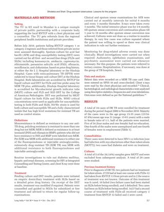 Dholakia and Shah: Drug-resistant tuberculosis: Lessons for the program
Lung India • Vol 30 • Issue 4 • Oct ‑ Dec 2013	317
MATERIALS AND METHODS
Setting
The TU in KS ward in Mumbai is a unique example
of private public partnership with a corporate body
supporting the local RNTCP with a chest physician and
a counsellor. The TU gets referrals from the regional
peripheral health institutions and private providers.
Before July 2010, patients failing RNTCP category 1 or
category 2 regimen and those referred from private sector
were assessed thoroughly. Sputum culture for acid fast
bacilli (AFB) and drug susceptibility testing (DST) were
carried out for all first- and second-line drugs (FLDs and
SLDs) including kannamycin, amikacin, capreomycin,
ethionamide, paraamino salicylic acid (PAS), ofloxacin,
moxifloxacin, and clofazimine, based on prior drug history,
at either the Sir J. J. Hospital laboratory or the Hinduja
Hospital. Cases with extra-pulmonary TB (EPTB) were
subjected to tissue biopsy and culture DST at the Hinduja
Hospital. Both laboratories are accredited by RNTCP for
liquid culture and DST for FLDs and line probe assay for
MDR TB plus; additionally, Hinduja Hospital laboratory
is accredited for Mycobacterial growth indicator tube
(MGIT) culture and FLD and SLD DST by the College
of American Pathologists. DST was performed by MGIT
liquid culture for both FLDs and SLDs. WHO critical
concentrations were used as applicable for susceptibility
testing to both FLDs and SLDs. H37Rv strain is used for
both culture and susceptible TB and a fully characterized
isolate that has high level mutations for resistant TB are
used as control strains.
Definitions
Monoresistance is defined as resistance to any one anti-
TB drug, polydrug resistance is resistant to more than one
drug but not MDR; MDR is defined as resistance to at least
isoniazid (INH) and rifampicin (RMP); patients who did not
have resistance to INH and RMP were labelled non-MDR.
Pre-XDR was MDR with additional resistance to either one
of the fluoroquinolones or injectable aminoglycosides,
extensively drug resistant TB (XDR TB) was MDR with
additional resistance to both fluoroquinolones and
injectable aminoglycoside.
Routine investigations to rule out diabetes mellitus,
hepatic and renal diseases, screening for HIV at Integrated
Counselling and Testing Centre, and chest X-ray were done
at baseline.
Treatment
Pending culture and DST results, patients were initiated
on empiric domiciliary treatment with SLDs based on
a detailed prior drug history. On receipt of the DST
results, treatment was modified if required. Patients were
counselled and guided to NGOs for subsidized or free
treatment and advised to return for regular follow-up
examinations.
Clinical and sputum smear examinations for AFB were
carried out at monthly intervals for initial 6 months
and every 3 months thereafter. X-rays were taken every
3 months. The initial intensive phase was for 3-6 months
till sputum smear conversion and continuation phase till
1 year to 18 months after sputum smear conversion was
achieved. Cultures were not done as a routine to monitor
therapy. In very few cases was culture repeated where
the patient was willing to spend or there was clinical
indication to rule out further resistance.
Monitoring for drug-related adverse events was done
clinically. Blood investigations were carried out when
required. Audiometry, ophthalmic examinations, and
psychiatric assessment were carried out whenever
necessary. For this purpose, the patients were referred to
tertiary centres. Hospitalization, if necessary, was done at
the group of TB hospitals, Sewri.
Data and analysis
Patient data were recorded on a MDR TB case card. Data
were entered on SPSS 16 and cross-checked. Chest x-rays
were read by the chest physician and recorded.[3]
Clinical,
bacteriological,andradiologicalcharacteristicswereanalyzed
usingdescriptivestatistics,frequenciesandcrosstabulations.
Outcomes were defined as per the National guidelines.[4]
RESULTS
A total of 34 cases of DR TB were enrolled for treatment
during the period August 2006 to November 2010. Majority
of the cases were in the age group 15-35 years (23/34-
67.6%)-mean age was 31 (range: 15-61 years) with a male
to female ratio of 1:1, half of the patients were married.
Five of 34 (four males and one female) had no education.
One-fourth of the males were unemployed and one-fourth
of females were in employment [Table 1].
Comorbidities
Three cases were detected to have HIV1 co infection [one
had infection with mycobacterium other than tuberculosis
(MOTT)]; two cases had diabetes and were on treatment.
Cultures
A total of 5 of the 34 (14%) samples grew MOTT and were
excluded from subsequent analysis. A total of 29 cases
were studied.
Previous treatment history
Prior to diagnosis of DR TB, two patients had no treatment
for tuberculosis, 27/29 had at least one course with FLDs-12
had taken from RNTCP, 13 from private and in 2 the source
of treatment was not known. Outcome of this treatment
was 8 cured, 10 failed (two failure cases had been started
on SLDs before being enrolled), and 3 defaulted. Two cases
had been on SLDs before being enrolled. 14/27 had a second
course of treatment with FLDs-all received category 2
treatment from RNTCP, 12 failed and 2 were cured.
 