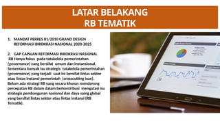 LATAR BELAKANG
RB TEMATIK
1. MANDAT PERRES 81/2010 GRAND DESIGN
REFORMASI BIROKRASI NASIONAL 2020-2025
2. GAP CAPAIAN REFORMASI BIROKRASI NASIONAL
RB Hanya fokus pada tatakelola pemerintahan
(governance) yang bersifat umum dan instansional.
Sementara banyak isu strategis tatakelola pemerintahan
(governance) yang terjadi saat ini bersifat lintas sektor
atau lintas instansi pemerintah (crosscutting isue).
Belum ada strategi RB yang secara khusus mendorong
percepatan RB dalam dalam berkontribusi mengatasi isu
strategis pembangunan nasional dan daya saing global
yang bersifat lintas sektor atau lintas instansi (RB
Tematik).
 