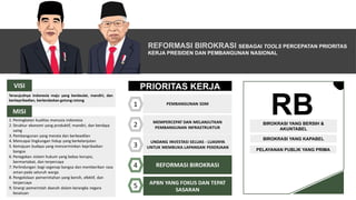 REFORMASI BIROKRASI SEBAGAI TOOLS PERCEPATAN PRIORITAS
KERJA PRESIDEN DAN PEMBANGUNAN NASIONAL
PRIORITAS KERJA
RB
BIROKRASI YANG BERSIH &
AKUNTABEL
BIROKRASI YANG KAPABEL
PELAYANAN PUBLIK YANG PRIMA
 