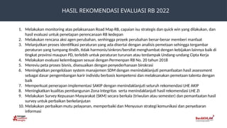 HASIL REKOMENDASI EVALUASI RB 2022
1. Melakukan monitoring atas pelaksanaan Road Map RB, capaian isu strategis dan quick win yang dilakukan, dan
hasil evaluasi untuk penetapan perencanaan RB kedepan
2. Melakukan rencana aksi agen perubahan, senhingga proyek perubahan benar-benar memberi manfaat
3. Melanjutkan proses identifikasi peraturan yang ada disertai dengan analisis pemetaan sehingga tergambar
peraturan yang tumpang tindih, tidak harmonis/sinkron/bersifat menghambat dengan kebijakan lainnya baik di
tingkat provinsi maupun PD, terlebih untuk peraturan turunan atau terdampak Undang-undang Cipta Kerja
4. Melakukan evaluasi kelembagaan sesuai dengan Permenpan RB No. 20 tahun 2018
5. Mereviu peta proses bisnis, disesuaikan dengan penyederhanaan birokrasi
6. Meningkatkan pengelolaan system manajemen SDM dengan menindaklanjuti pemanfaatan hasil assessment
sebagai dasar pengembangan karir individu berbasis kompetensi dan melaksanakan pemetaan talenta dengan
baik
7. Memperkuat penerapan implementasi SAKIP dengan menindaklanjuti seluruh rekomendasi LHE AKIP
8. Meningkatkan kualitas pembangunan Zona Integritas serta menindaklanjuti hasil rekomendasi LHE ZI
9. Melakukan Survey Kepuasan Masyarakat (SKM) secara berkala (triwulan atau semester) dan pemanfaatan hasil
survey untuk perbaikan berkelanjutan
10. Melakukan perbaikan mutu pelayanan, memperbaiki dan Menyusun strategi komunikasi dan penyebaran
informasi
 