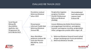 EVALUASI RB TAHUN 2023
Surat Deputi
Bidang RB,
Akuntabiltas
Apafratur dan
Pengawasan No.
B/01/RB.06/2023
Perubahan evaluasi
Reformasi Birokrasi
tahun 2023
Penghentian kegiatan
pengisian Penilaian
Mandiri Pelaksanaan
Reformasi Birokrasi
(PMPRB)
Penyampaian
Informasi Praktik Baik
Reformasi Birokrasi
(Inovasi RB)
Akan diterbitkan
pedoman evaluasi RB
revisi dari Permen
PAN RB No. 26 th.
2020
Inovasi dibidang tata Kelola Pemerintahan,
penanggulangan kemiskinan, peningkatan
investasi, penanganan stunting, pengendalian
inflasi, penggunaan produk dalam negeri, dll
1. Reformasi Birokrasi General (masih terkait
dengan pembangunan 8 area perubahan)
2. Reformasi Birokrasi Tematik
Menindaklanjuti
hasil rekomendasi
Laporan Hasil
Evaluasi RB
 