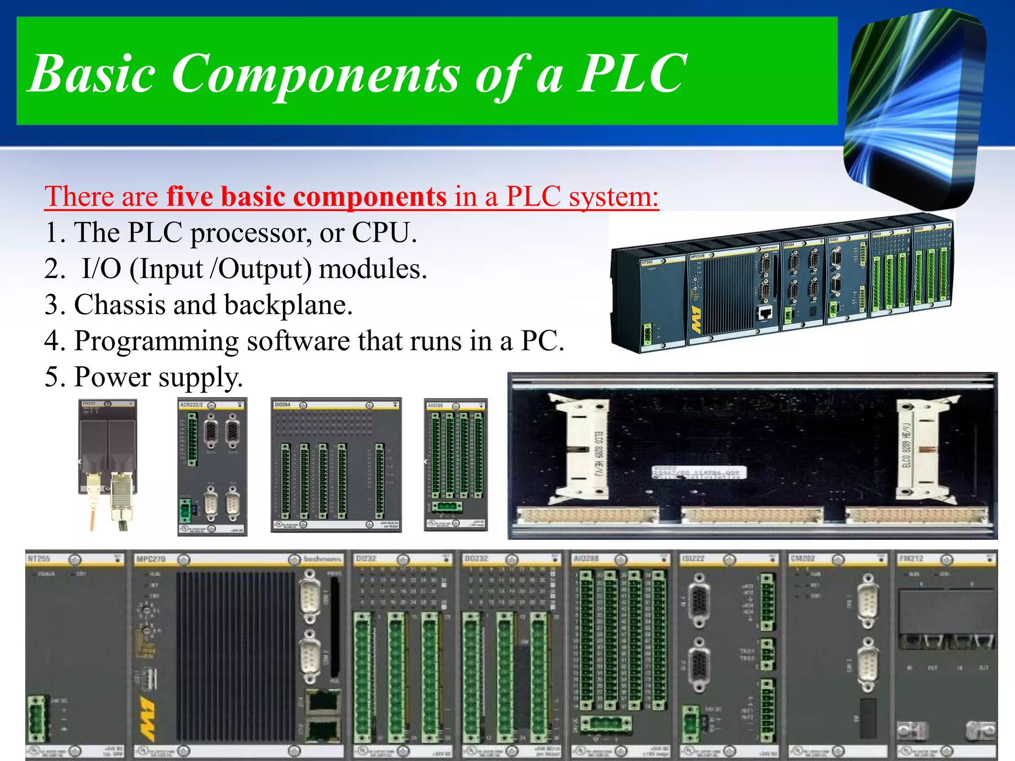 Basic Components of a PLC
There are five basic components in a PLC system:
1. The PLC processor, or CPU.
2. I/O (Input /Output) modules.
3. Chassis and backplane.
4. Programming software that runs in a PC.
5. Power supply.
 