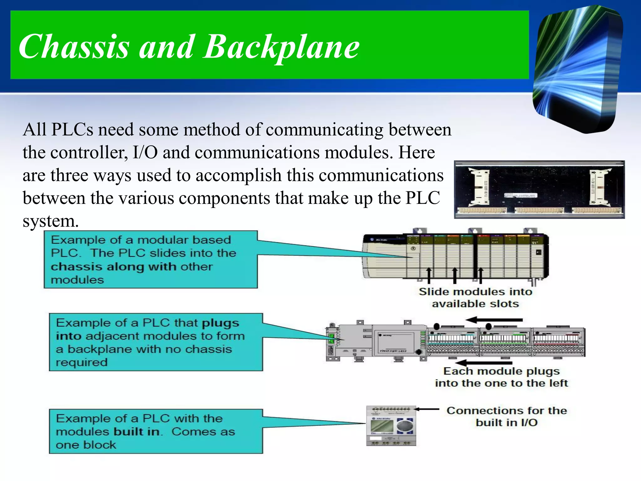 Chassis and Backplane
All PLCs need some method of communicating between
the controller, I/O and communications modules. Here
are three ways used to accomplish this communications
between the various components that make up the PLC
system.
 