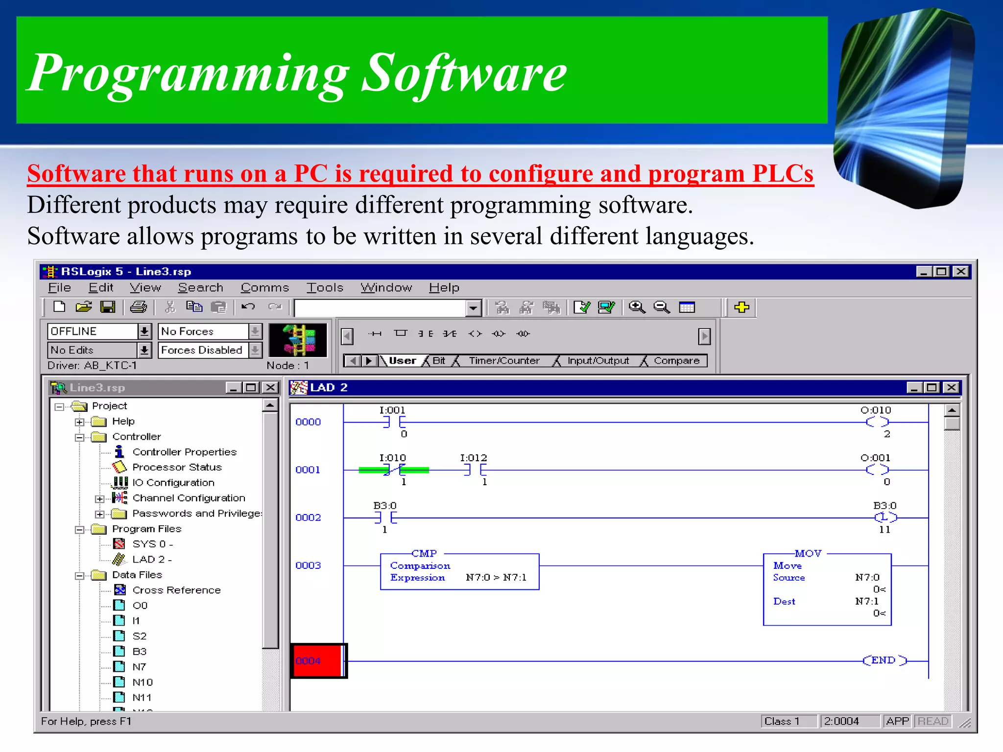 Programming Software
Software that runs on a PC is required to configure and program PLCs
Different products may require different programming software.
Software allows programs to be written in several different languages.
 